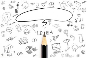Forschung Bleistift mit vielen kleinen Zeichnungen zum Thema Idee